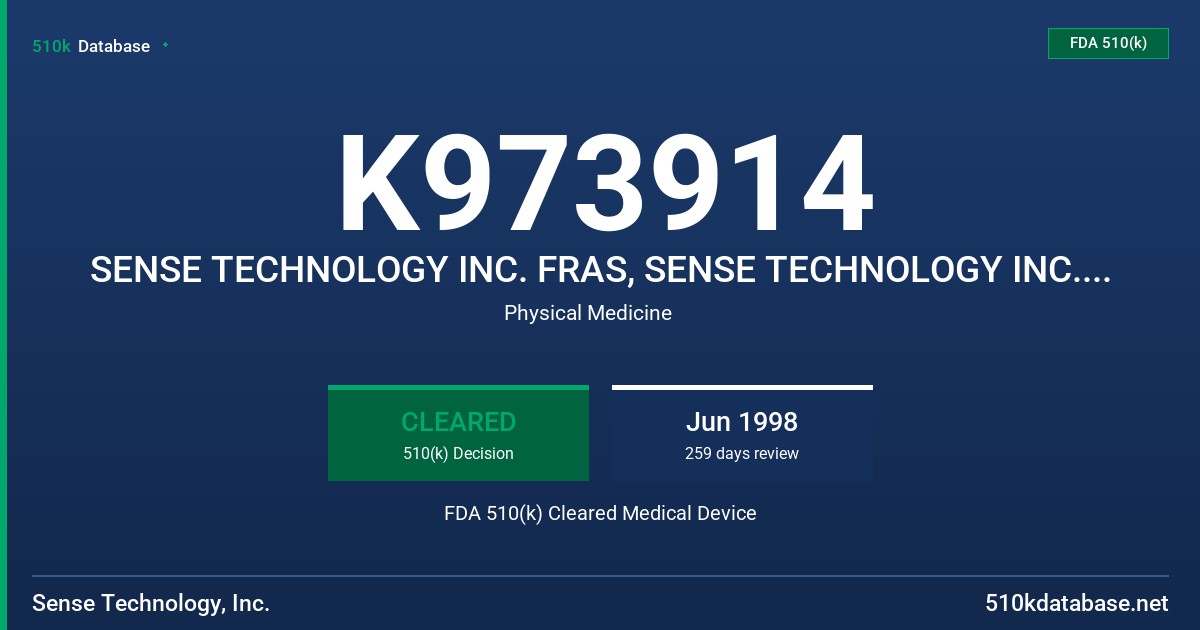K973914 SENSE TECHNOLOGY INC. FRAS, SENSE TECHNOLOGY INC. PULSTAR FDA 510(k) Cleared Medical Device