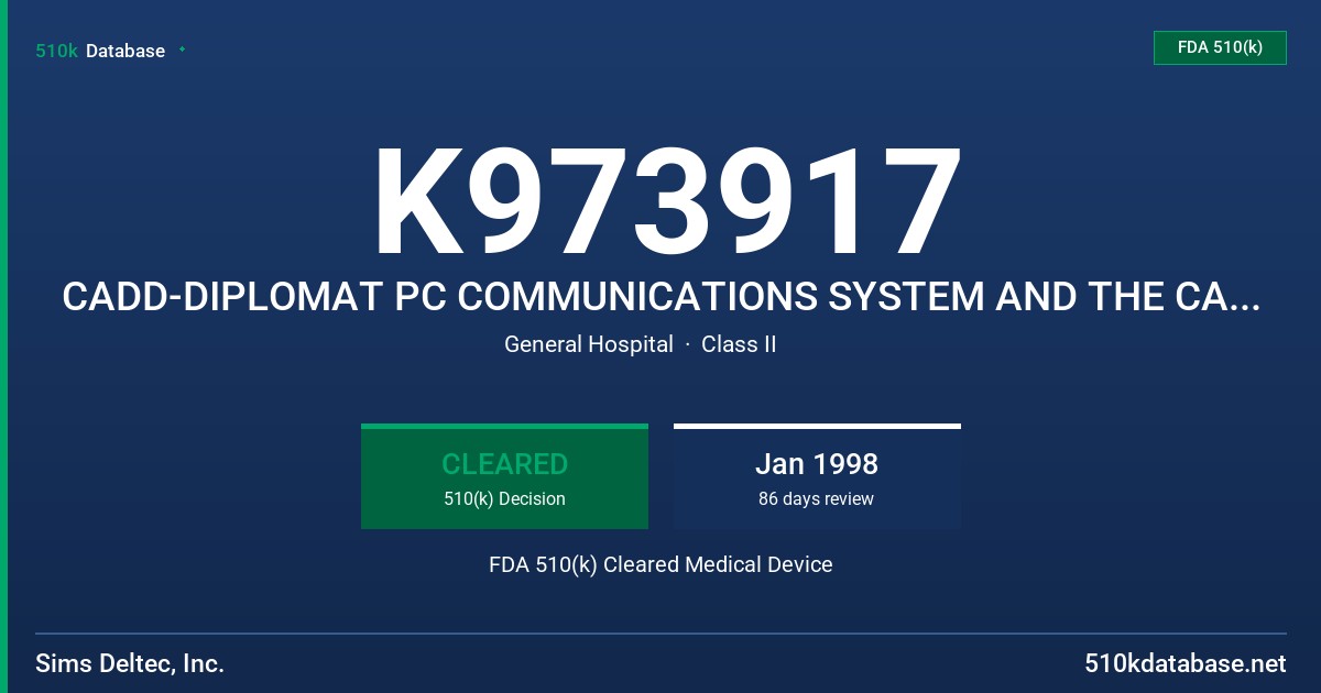 K973917 CADD-DIPLOMAT PC COMMUNICATIONS SYSTEM AND THE CADD- AMBASSADOR PUMP COMMUNICATIONS SYSTEM FDA 510(k) Cleared Medical Device