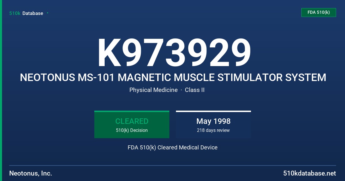 K973929 NEOTONUS MS-101 MAGNETIC MUSCLE STIMULATOR SYSTEM FDA 510(k) Cleared Medical Device