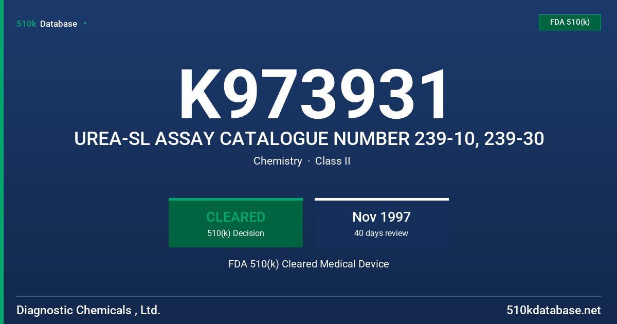 K973931 UREA-SL ASSAY CATALOGUE NUMBER 239-10, 239-30 FDA 510(k) Cleared Medical Device