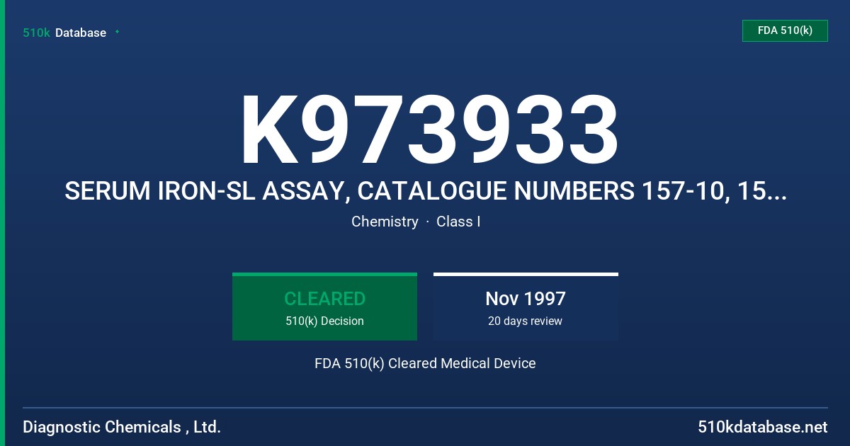 K973933 SERUM IRON-SL ASSAY, CATALOGUE NUMBERS 157-10, 157-30 FDA 510(k) Cleared Medical Device