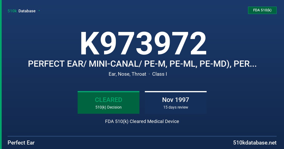 K973972 PERFECT EAR/ MINI-CANAL/ PE-M, PE-ML, PE-MD), PERFECT EAR/ C.I.C./ (PEC, PE-CD) (WITH OR WITHOUT RID-WAX BARRIER) FDA 510(k) Cleared Medical Device