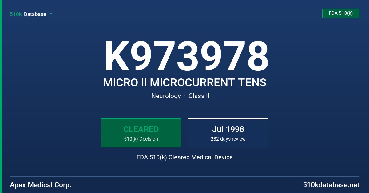 K973978 MICRO II MICROCURRENT TENS FDA 510(k) Cleared Medical Device
