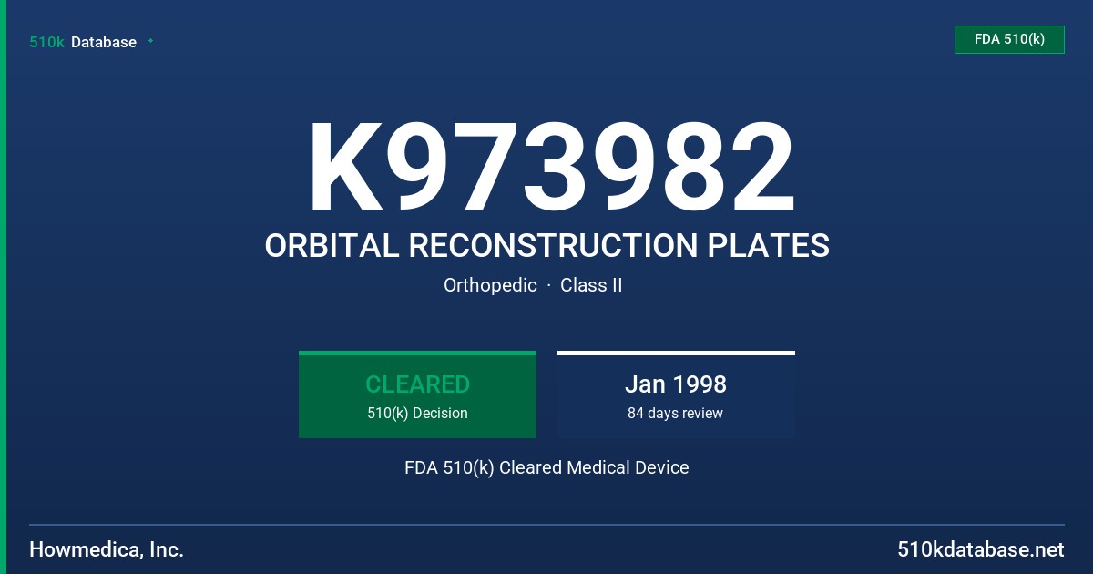 K973982 ORBITAL RECONSTRUCTION PLATES FDA 510(k) Cleared Medical Device