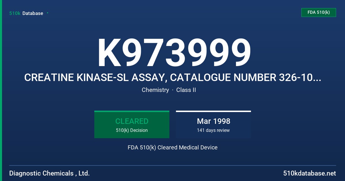 K973999 CREATINE KINASE-SL ASSAY, CATALOGUE NUMBER 326-10, 326-30 FDA 510(k) Cleared Medical Device