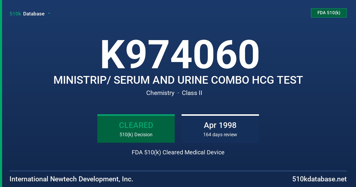 K974060 MINISTRIP/ SERUM AND URINE COMBO HCG TEST FDA 510(k) Cleared Medical Device