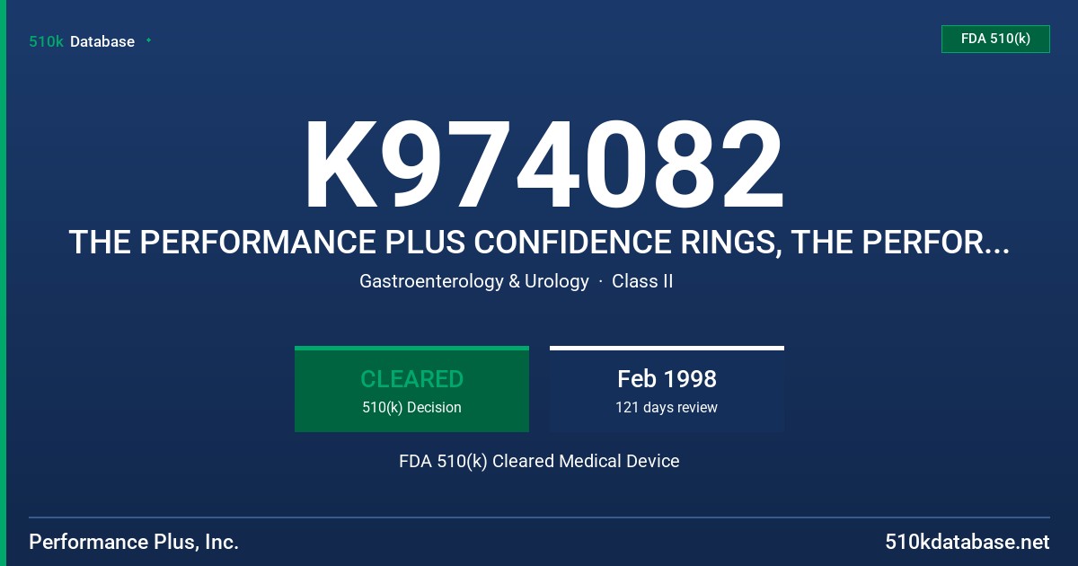 K974082 THE PERFORMANCE PLUS CONFIDENCE RINGS, THE PERFORMANCE PLUS ERECTION INDUCER DEVICE FDA 510(k) Cleared Medical Device