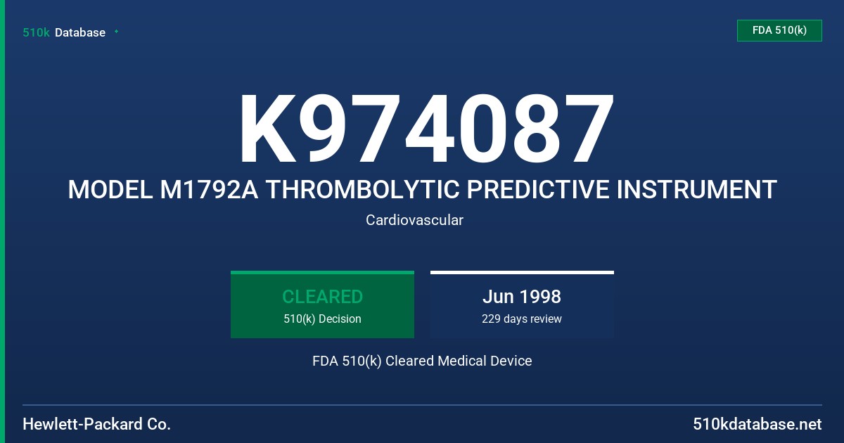 K974087 MODEL M1792A THROMBOLYTIC PREDICTIVE INSTRUMENT FDA 510(k) Cleared Medical Device