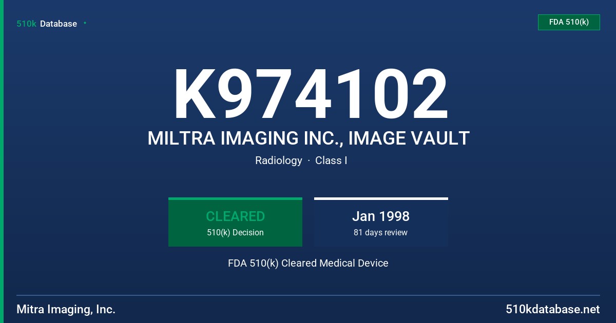 K974102 MILTRA IMAGING INC., IMAGE VAULT FDA 510(k) Cleared Medical Device