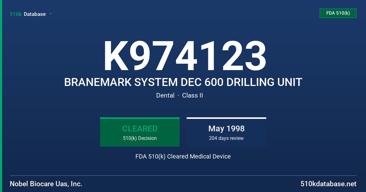 K974123 BRANEMARK SYSTEM DEC 600 DRILLING UNIT FDA 510(k) Cleared Medical Device