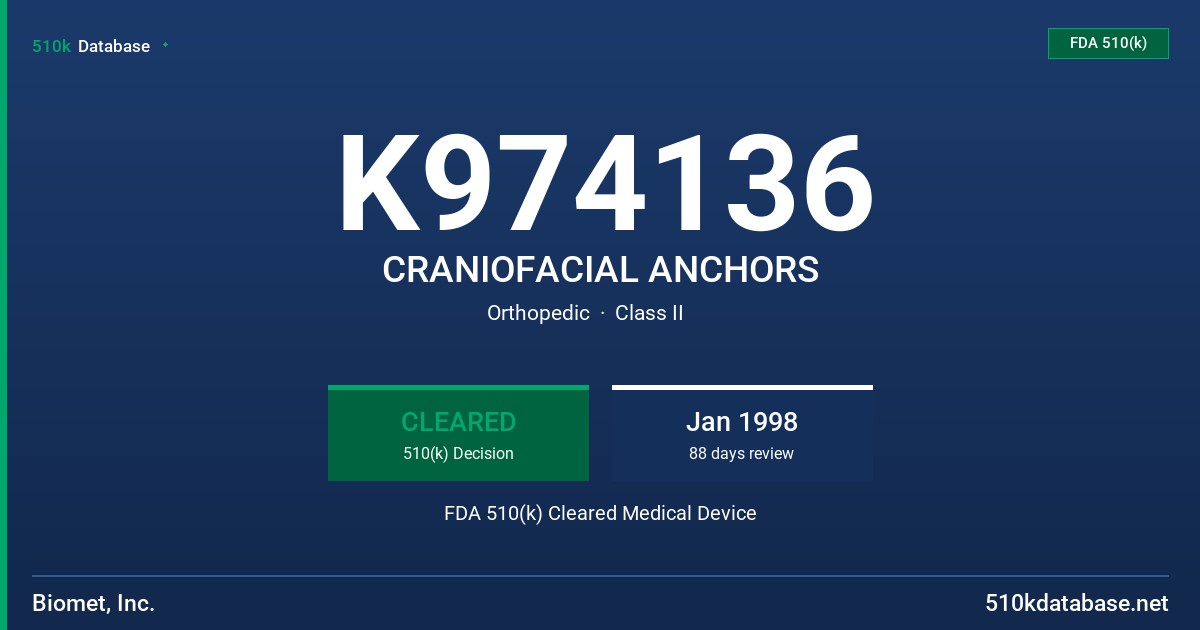 K974136 CRANIOFACIAL ANCHORS FDA 510(k) Cleared Medical Device
