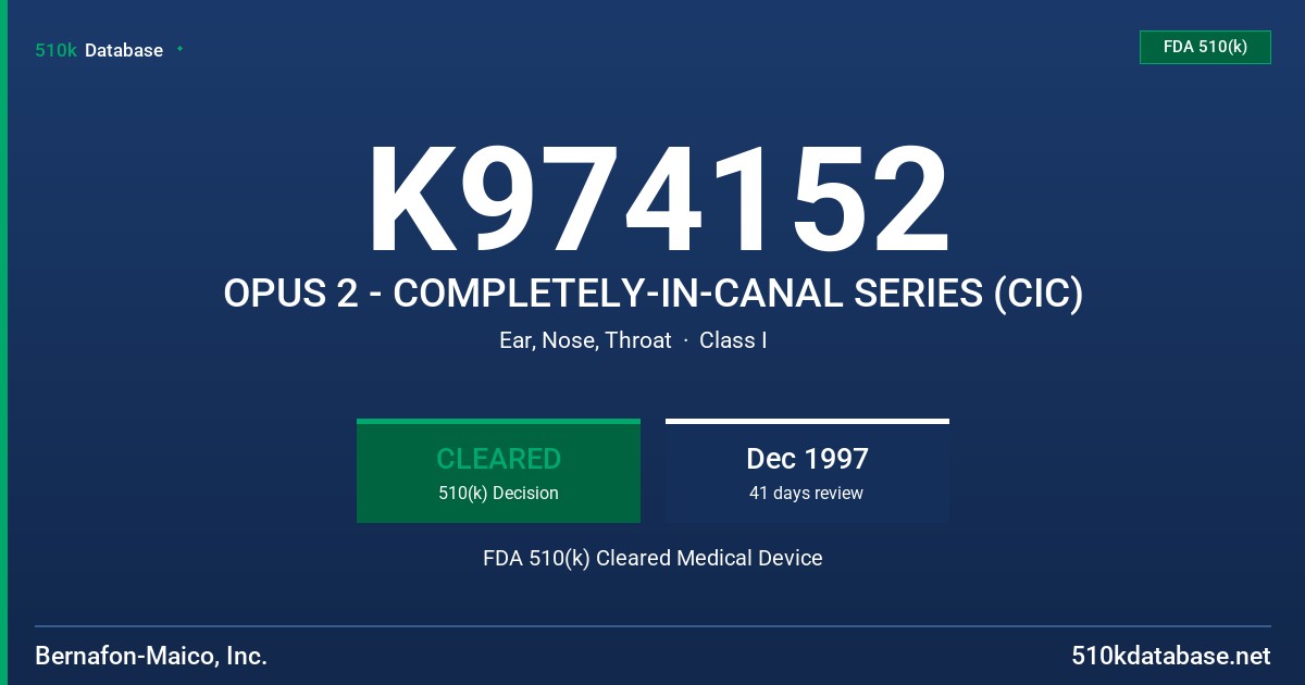 K974152 OPUS 2 - COMPLETELY-IN-CANAL SERIES (CIC) FDA 510(k) Cleared Medical Device
