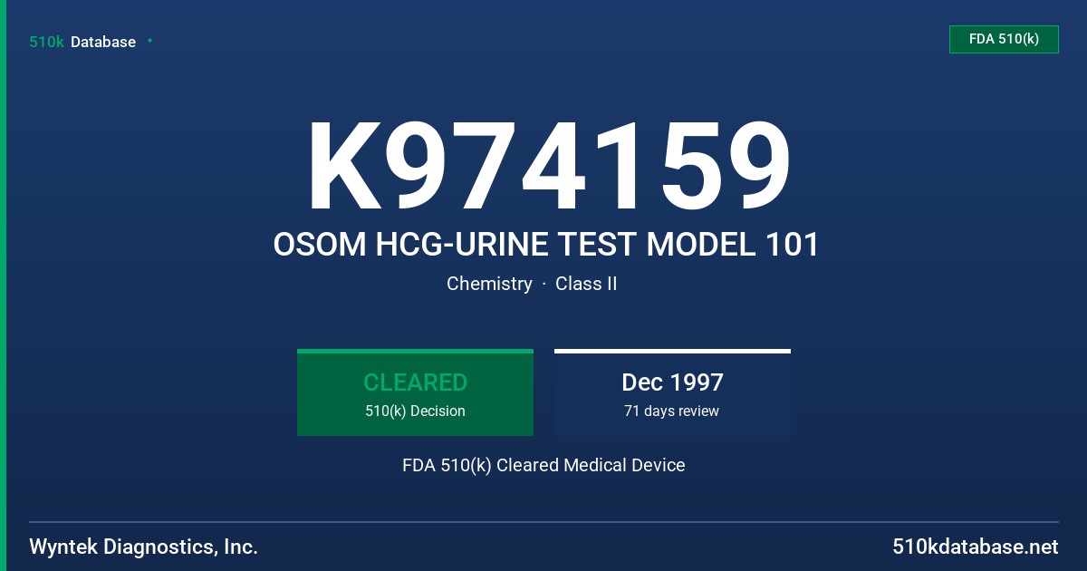 K974159 OSOM HCG-URINE TEST MODEL 101 FDA 510(k) Cleared Medical Device