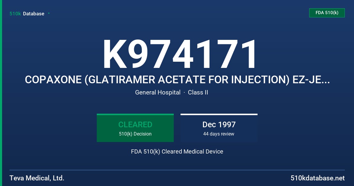 K974171 COPAXONE (GLATIRAMER ACETATE FOR INJECTION) EZ-JECT FROM SHARED SOLUTIONS FDA 510(k) Cleared Medical Device