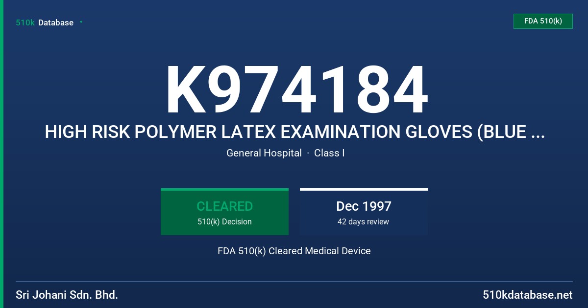 K974184 HIGH RISK POLYMER LATEX EXAMINATION GLOVES (BLUE COLOUR) FDA 510(k) Cleared Medical Device