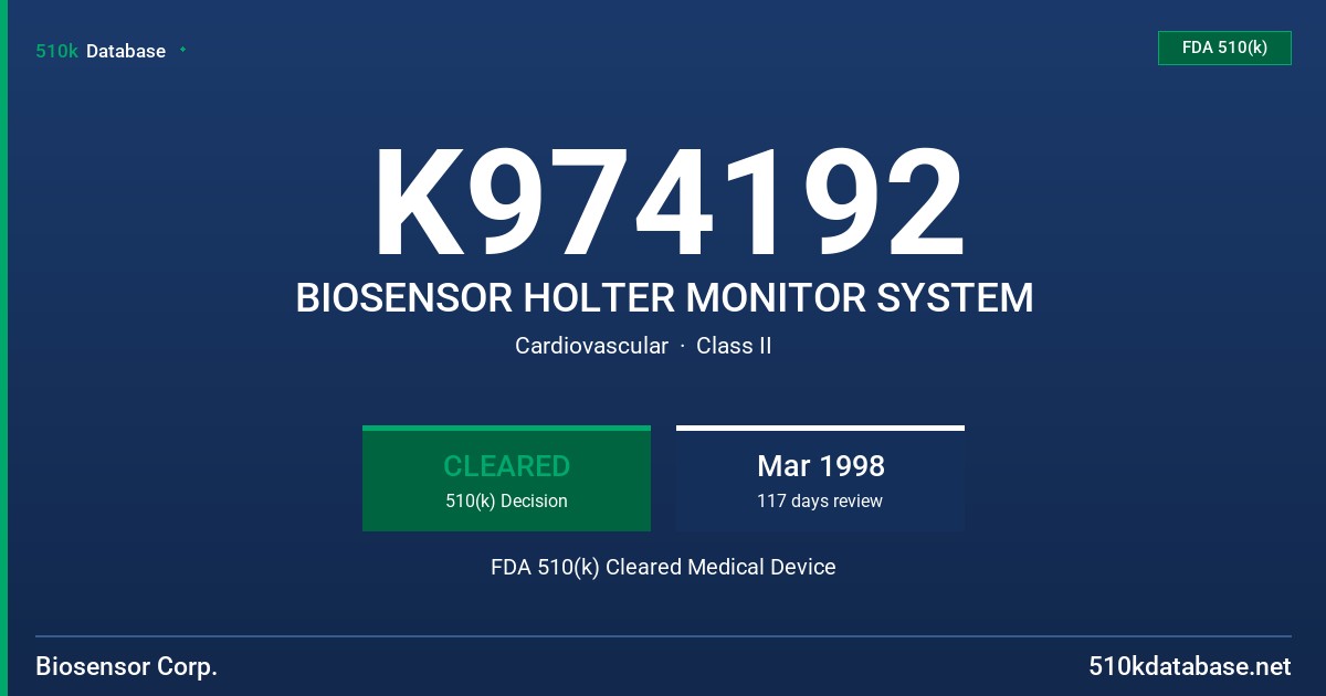 K974192 BIOSENSOR HOLTER MONITOR SYSTEM FDA 510(k) Cleared Medical Device