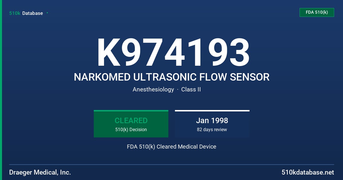 K974193 NARKOMED ULTRASONIC FLOW SENSOR FDA 510(k) Cleared Medical Device
