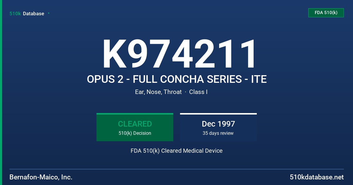 K974211 OPUS 2 - FULL CONCHA SERIES - ITE FDA 510(k) Cleared Medical Device