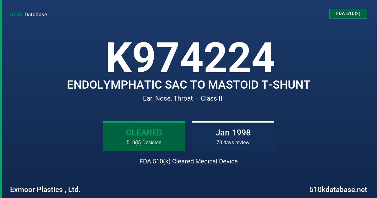 K974224 ENDOLYMPHATIC SAC TO MASTOID T-SHUNT FDA 510(k) Cleared Medical Device