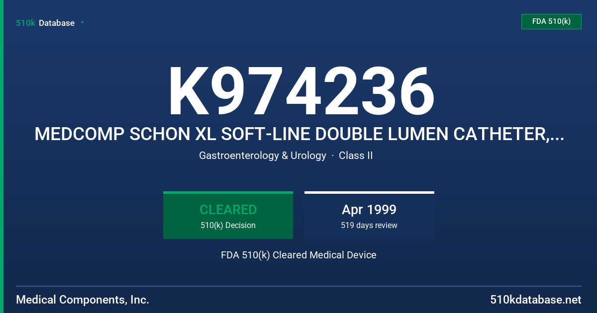 K974236 MEDCOMP SCHON XL SOFT-LINE DOUBLE LUMEN CATHETER, 15CM SBF146, MEDCOMP SCHON XL SOFT-LINE DOUBLE LUMEN CATHETER, 20CM SB FDA 510(k) Cleared Medical Device