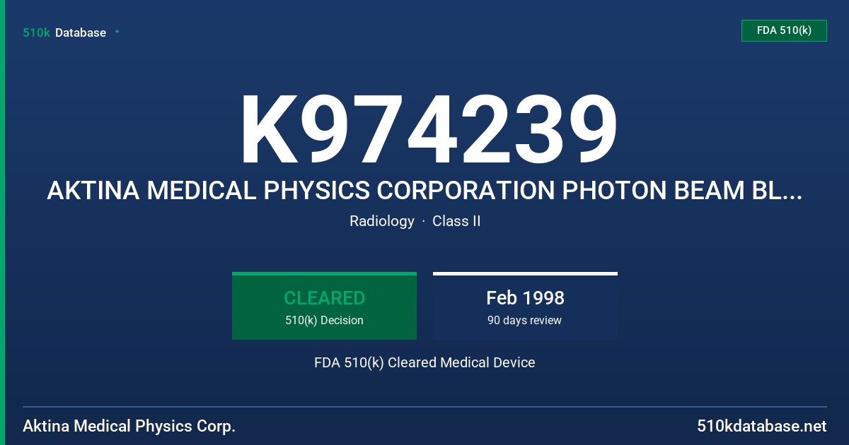 K974239 AKTINA MEDICAL PHYSICS CORPORATION PHOTON BEAM BLOCKING SYSTEM FDA 510(k) Cleared Medical Device