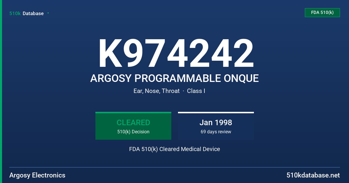 K974242 ARGOSY PROGRAMMABLE ONQUE FDA 510(k) Cleared Medical Device