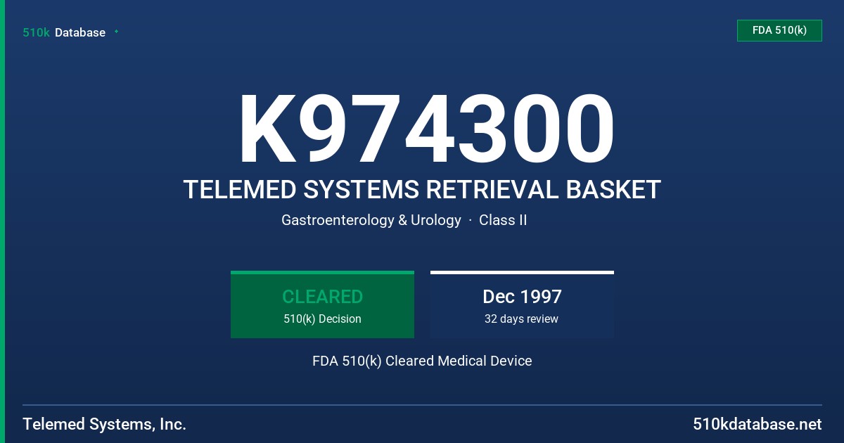 K974300 TELEMED SYSTEMS RETRIEVAL BASKET FDA 510(k) Cleared Medical Device