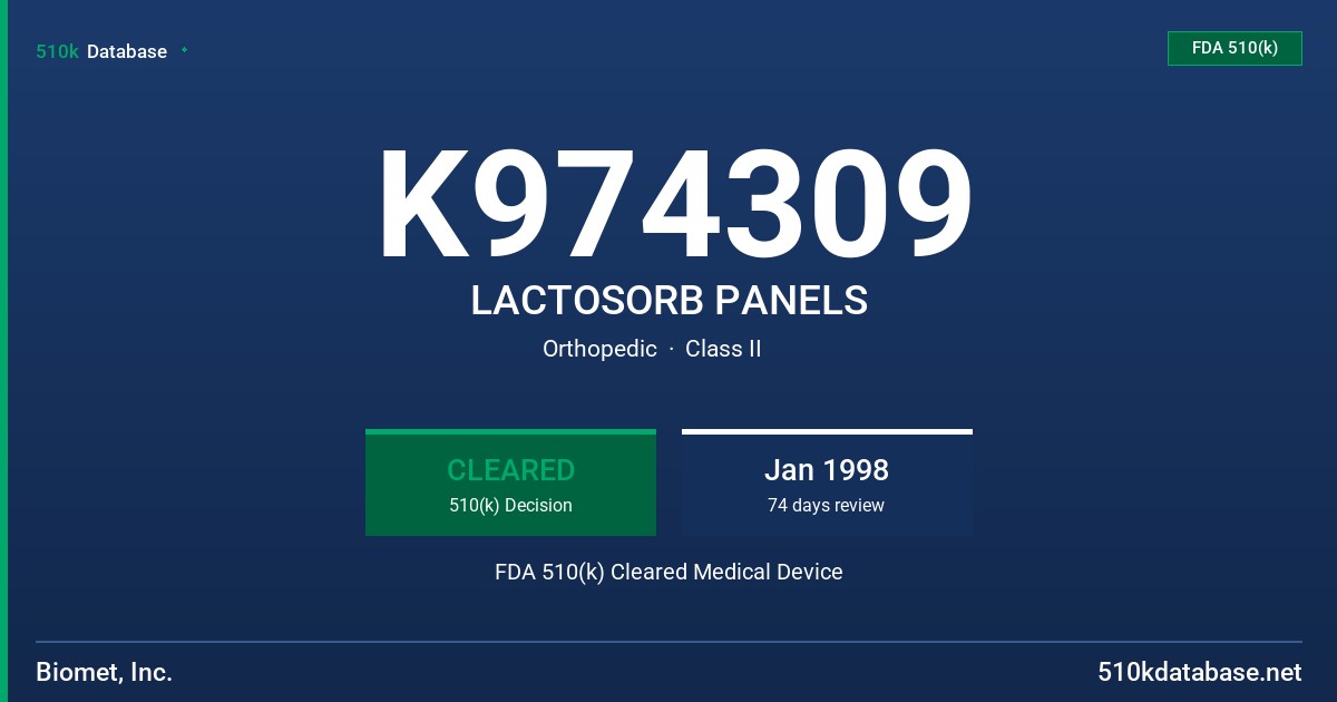 K974309 LACTOSORB PANELS FDA 510(k) Cleared Medical Device