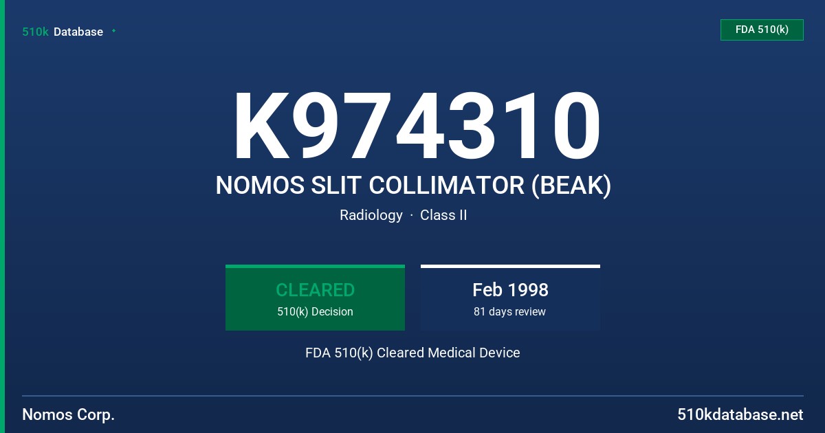 K974310 NOMOS SLIT COLLIMATOR (BEAK) FDA 510(k) Cleared Medical Device