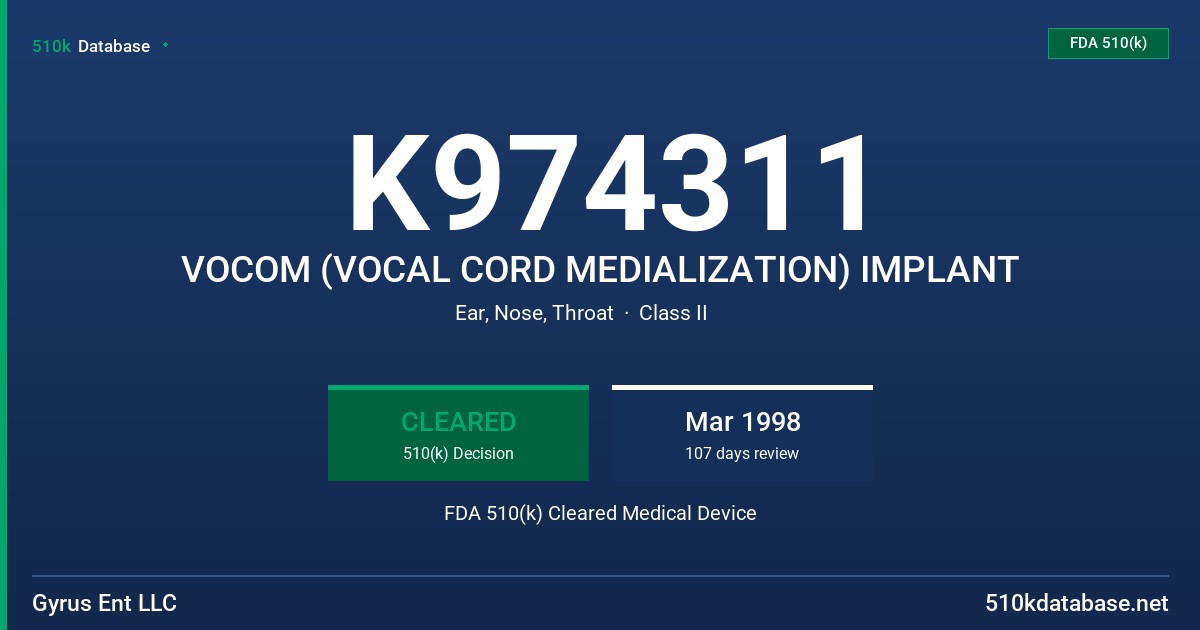 K974311 VOCOM (VOCAL CORD MEDIALIZATION) IMPLANT FDA 510(k) Cleared Medical Device