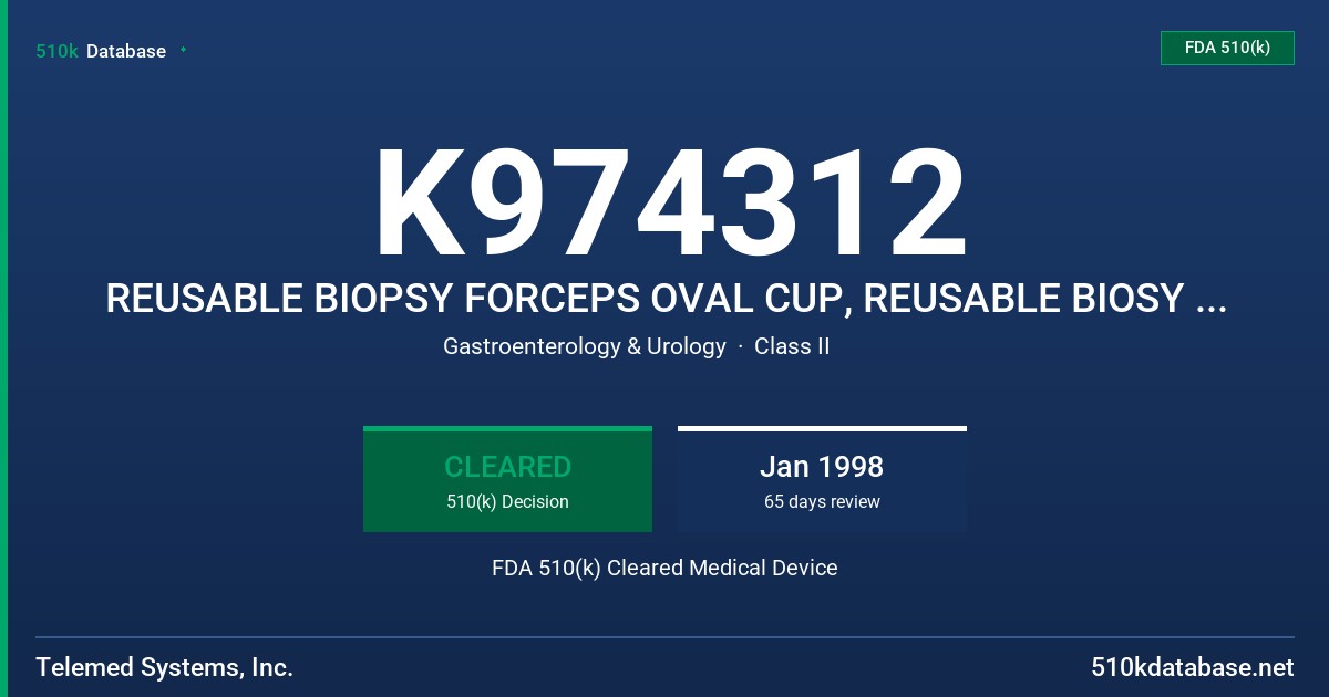 K974312 REUSABLE BIOPSY FORCEPS OVAL CUP, REUSABLE BIOSY FORCEPS OVAL CUP W/NEEDLE, REUSABLE BIOPSY FORCEPS SERRATED CUP, REUSAR FDA 510(k) Cleared Medical Device