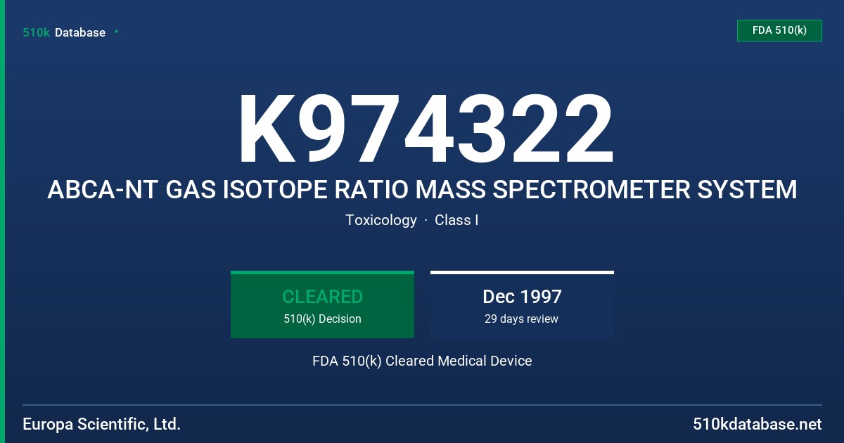 K974322 ABCA-NT GAS ISOTOPE RATIO MASS SPECTROMETER SYSTEM FDA 510(k) Cleared Medical Device