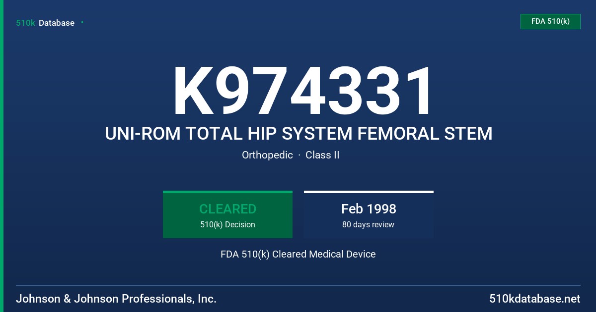 K974331 UNI-ROM TOTAL HIP SYSTEM FEMORAL STEM FDA 510(k) Cleared Medical Device