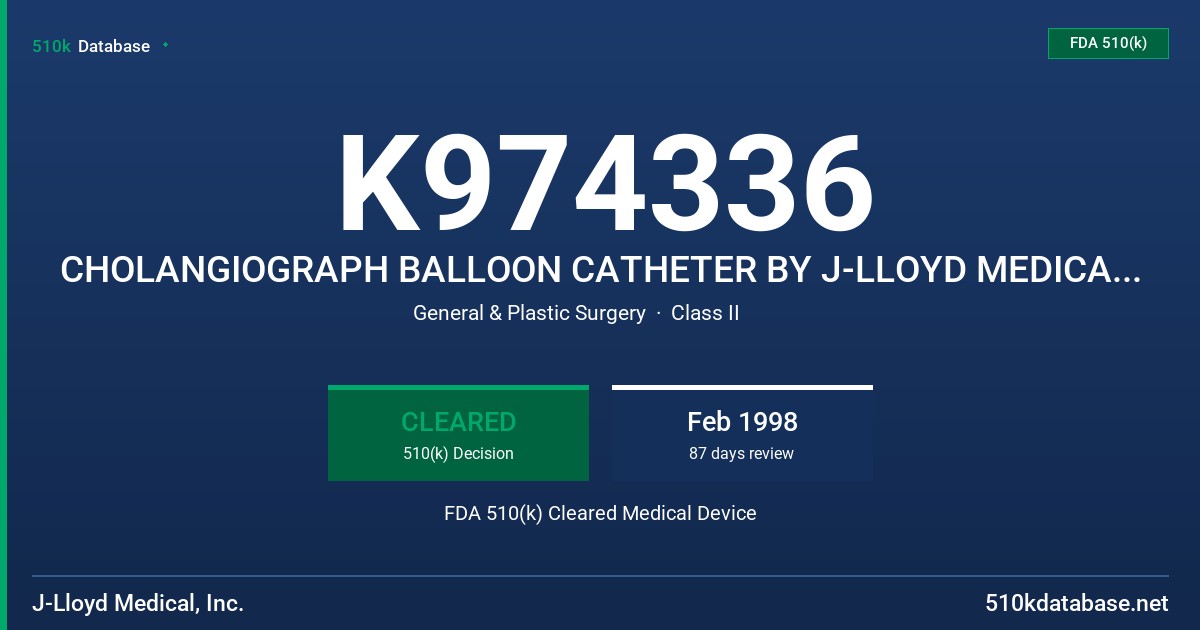 K974336 CHOLANGIOGRAPH BALLOON CATHETER BY J-LLOYD MEDICAL, INC. FDA 510(k) Cleared Medical Device