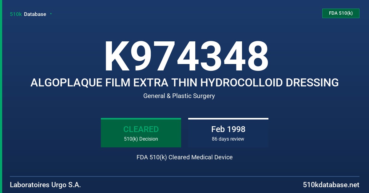 K974348 ALGOPLAQUE FILM EXTRA THIN HYDROCOLLOID DRESSING FDA 510(k) Cleared Medical Device