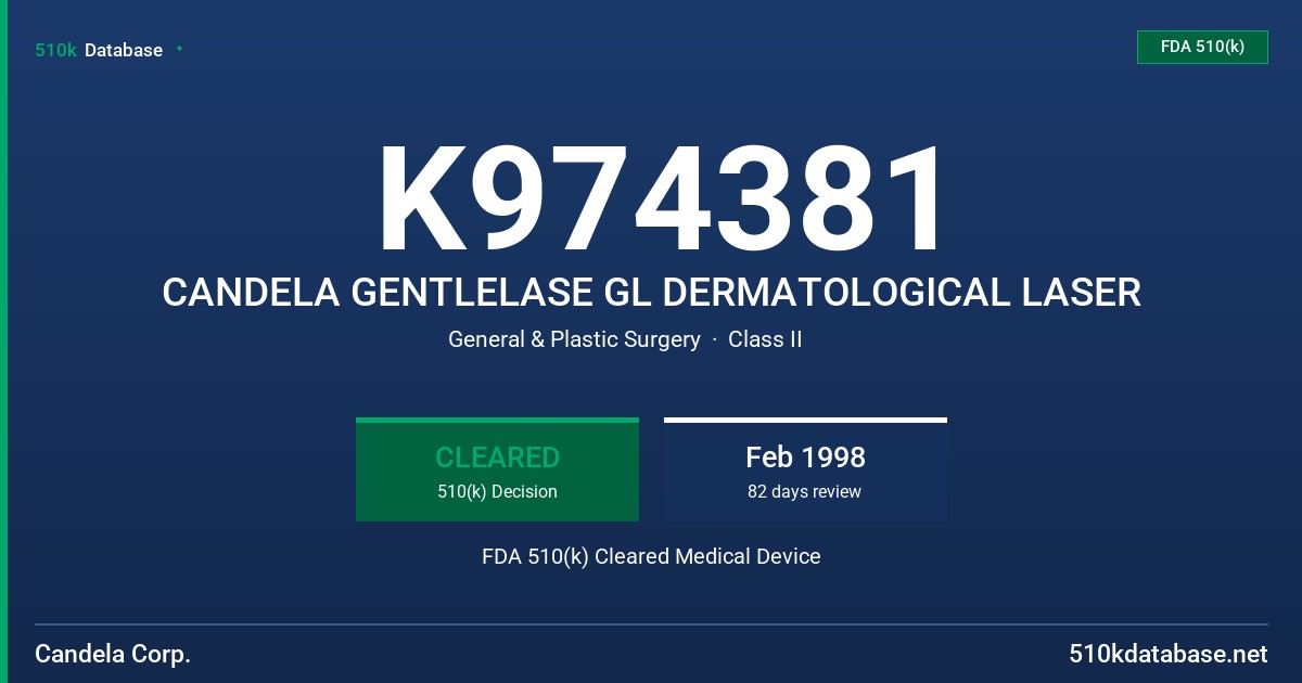 K974381 CANDELA GENTLELASE GL DERMATOLOGICAL LASER FDA 510(k) Cleared Medical Device