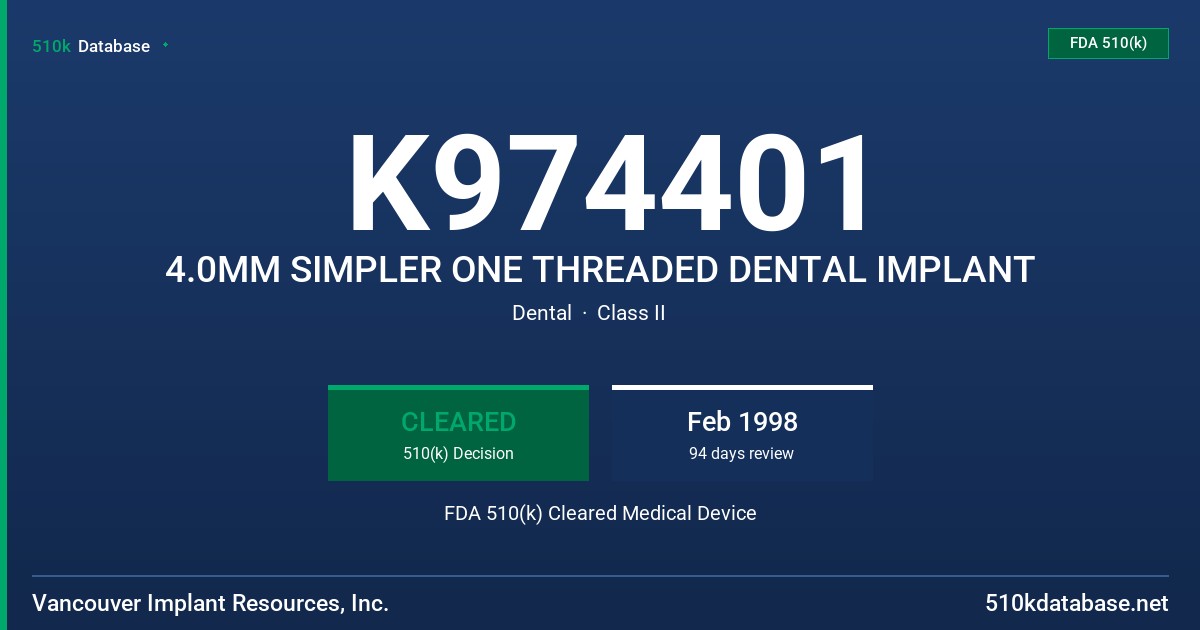 K974401 4.0MM SIMPLER ONE THREADED DENTAL IMPLANT FDA 510(k) Cleared Medical Device