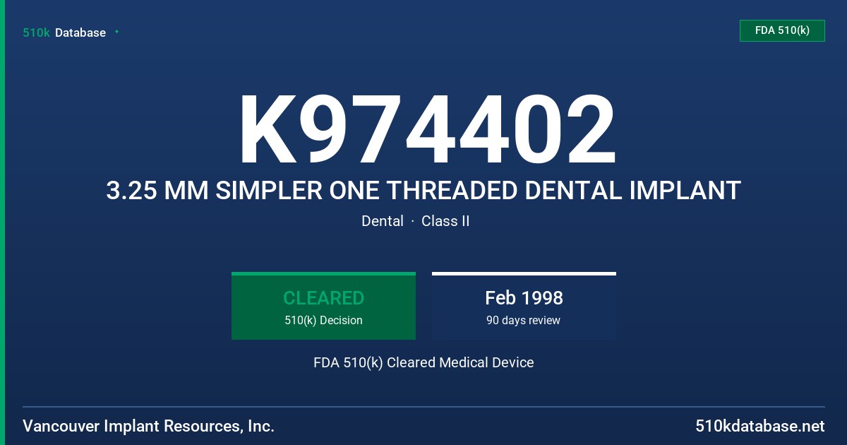 K974402 3.25 MM SIMPLER ONE THREADED DENTAL IMPLANT FDA 510(k) Cleared Medical Device