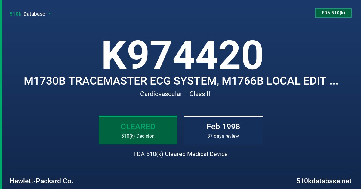 K974420 M1730B TRACEMASTER ECG SYSTEM, M1766B LOCAL EDIT STATION, M1798B REMOTE EDIT STATION FDA 510(k) Cleared Medical Device