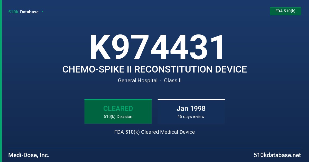 K974431 CHEMO-SPIKE II RECONSTITUTION DEVICE FDA 510(k) Cleared Medical Device