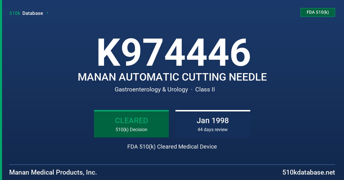 K974446 MANAN AUTOMATIC CUTTING NEEDLE FDA 510(k) Cleared Medical Device