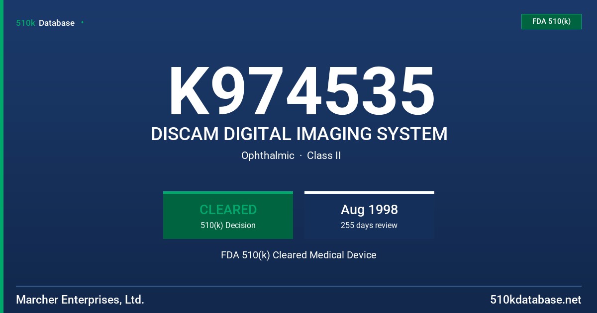 K974535 DISCAM DIGITAL IMAGING SYSTEM FDA 510(k) Cleared Medical Device