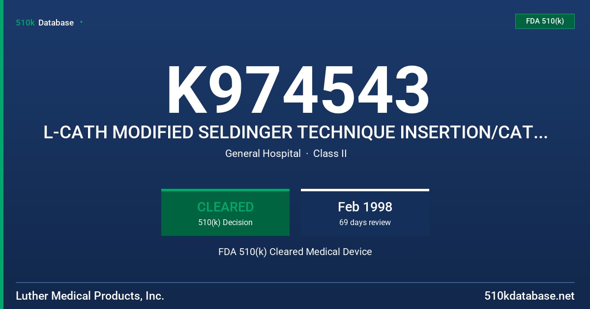 K974543 L-CATH MODIFIED SELDINGER TECHNIQUE INSERTION/CATHETER EXCHANGE KIT PE-MST24-24 GA. KIT, L-CATH MODIFIED SELDINGER FDA 510(k) Cleared Medical Device