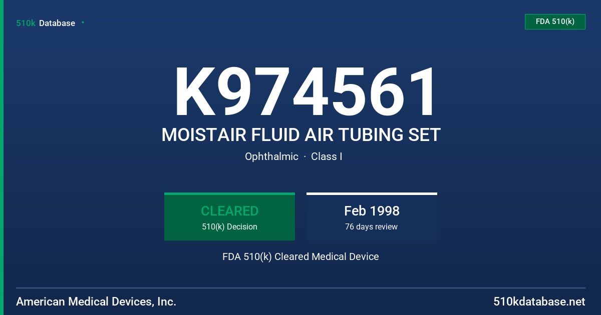 K974561 MOISTAIR FLUID AIR TUBING SET FDA 510(k) Cleared Medical Device