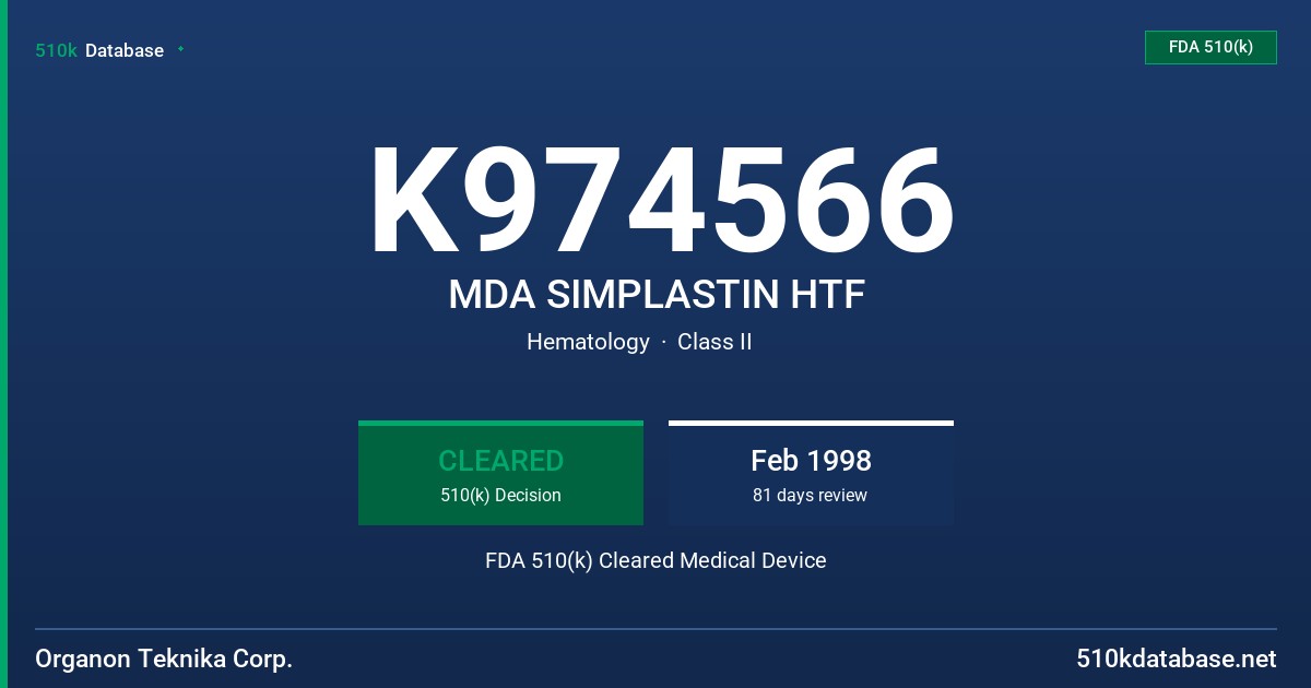 K974566 MDA SIMPLASTIN HTF FDA 510(k) Cleared Medical Device