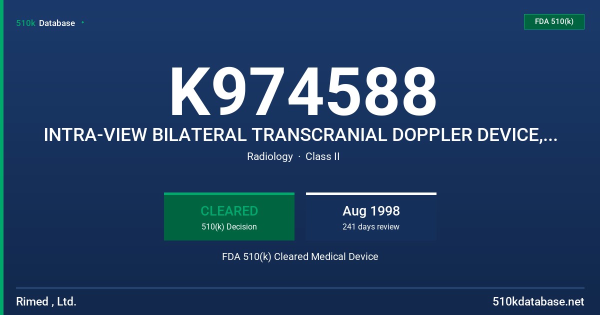 K974588 INTRA-VIEW BILATERAL TRANSCRANIAL DOPPLER DEVICE, SMART-LITE PORTABLE BILATERAL TRANSCRANIAL DOPPLER DEVICE, COMPACT MOD FDA 510(k) Cleared Medical Device