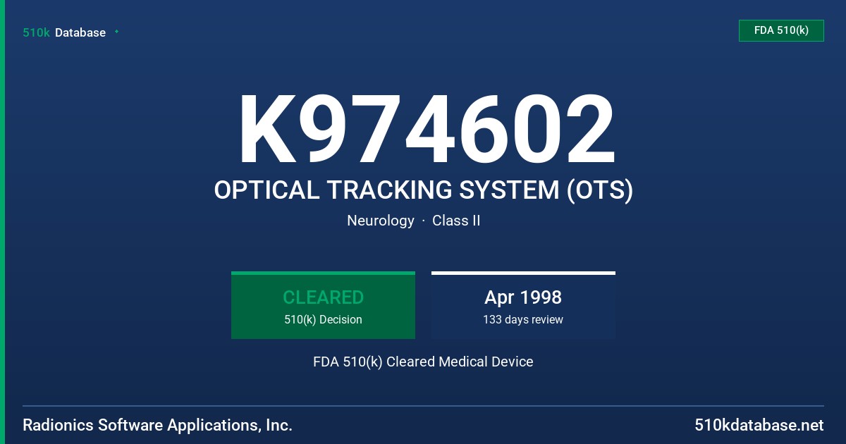K974602 OPTICAL TRACKING SYSTEM (OTS) FDA 510(k) Cleared Medical Device