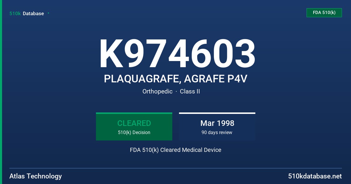K974603 PLAQUAGRAFE, AGRAFE P4V FDA 510(k) Cleared Medical Device