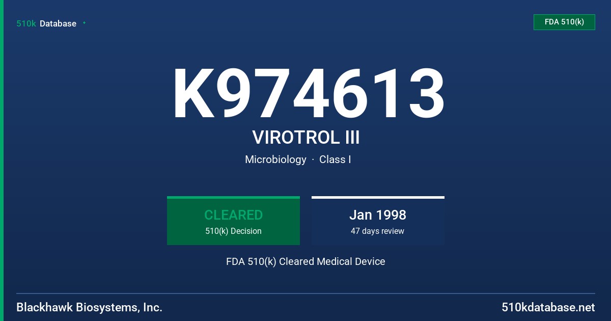 K974613 VIROTROL III FDA 510(k) Cleared Medical Device