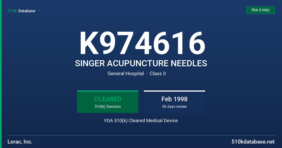 K974616 SINGER ACUPUNCTURE NEEDLES FDA 510(k) Cleared Medical Device